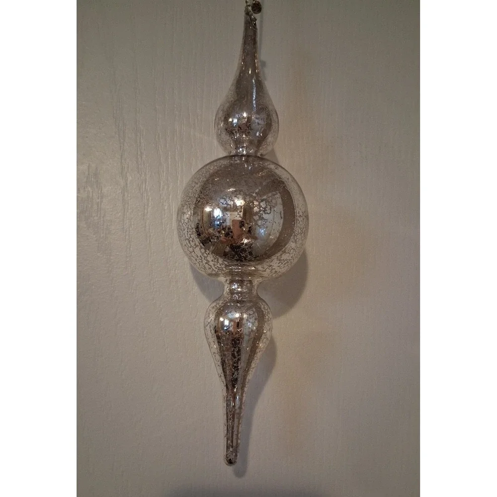Vintage Mercury Glass Finial Christmas Ornament Silver Double Reflector Drop 9.5